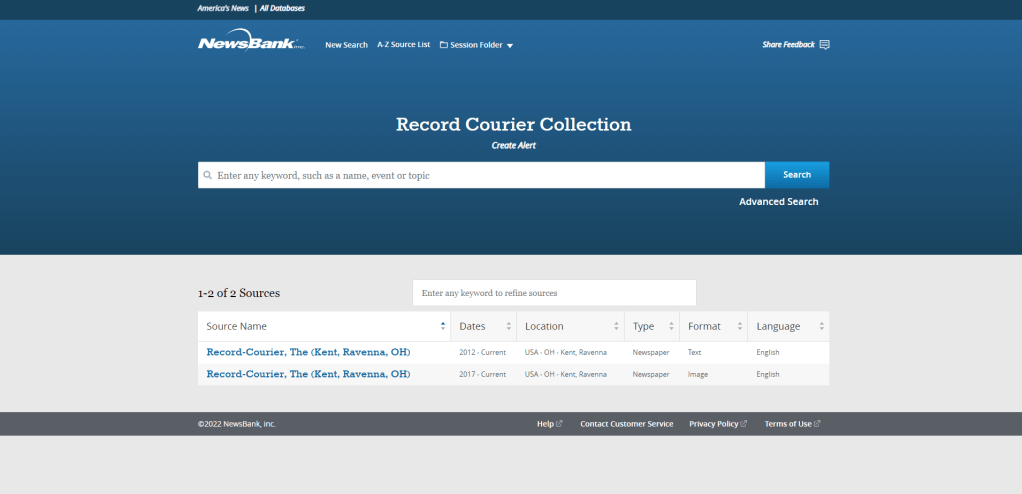 The home page of the Record-Courier Collection on Newsbank