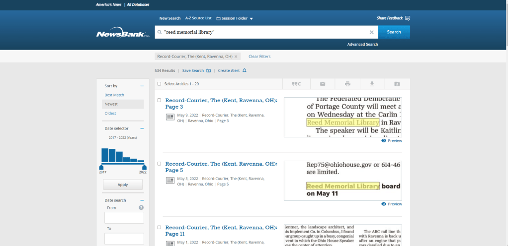 Search results for "Reed Memorial Library" on Newsbank's Record-Courier Collection