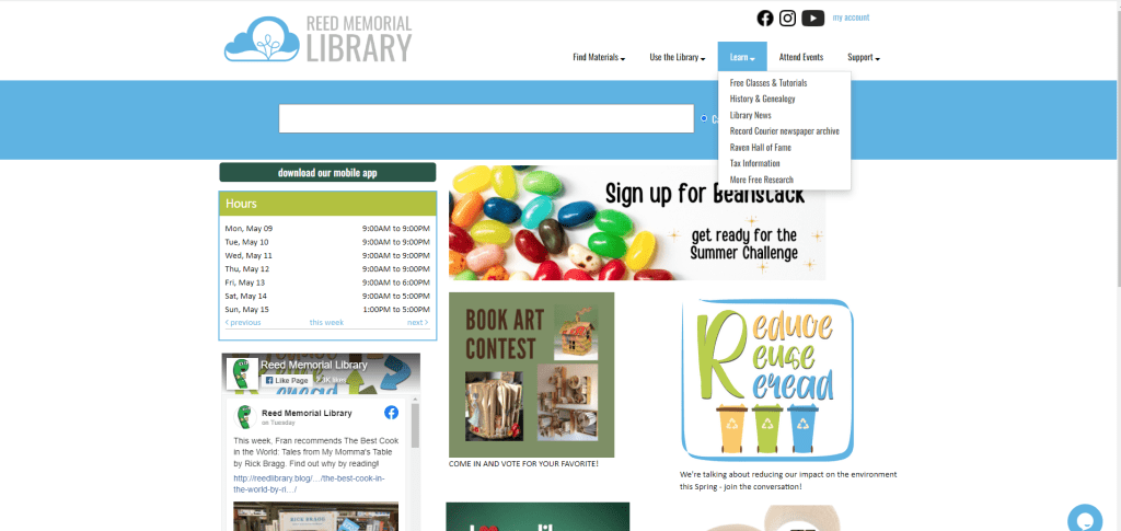 Reed Memorial Library's website. To access the Record-Courier online, click "Learn," then "Record Courier newspaper archive."