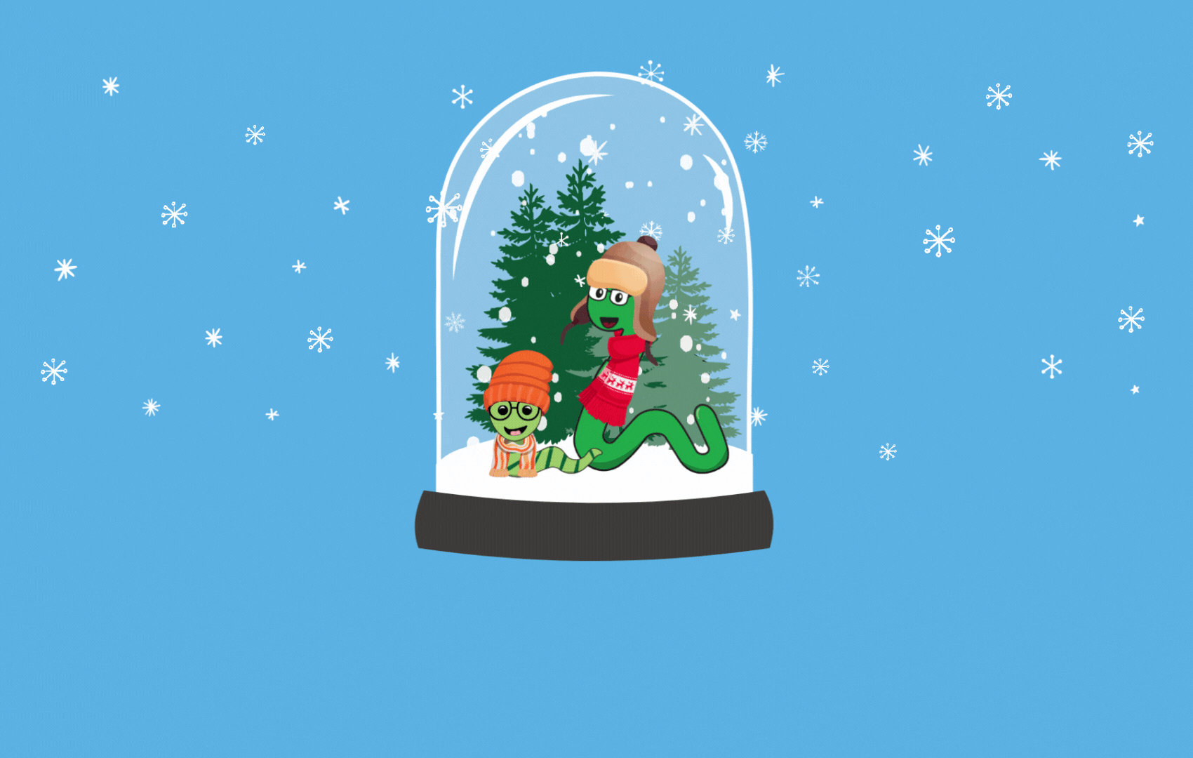 An animated gif of Cora and Cornelius the bookworms in a snow globe as text appears reading "Happy holidays"