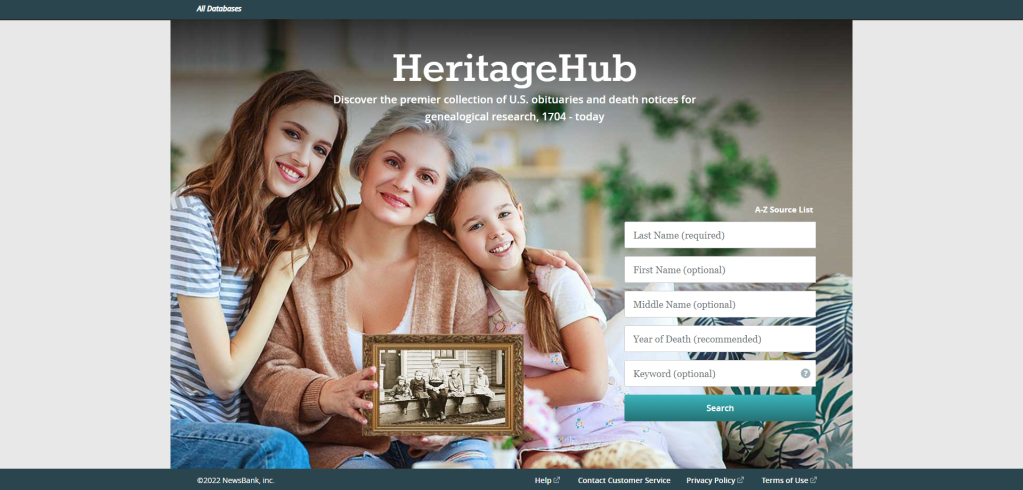 Screenshot from Heritage Hub home page