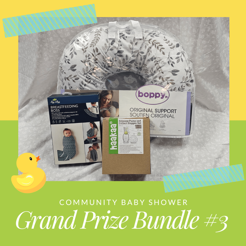 Prize Bundle 3 is a photo showing
Boppy Nursing Pillow Original Support with Extra Cover
Itzy Ritzy Muslin Breastfeeding Boss Nursing Cover
Haakaa Silicone Pump and Collect Stopper Set