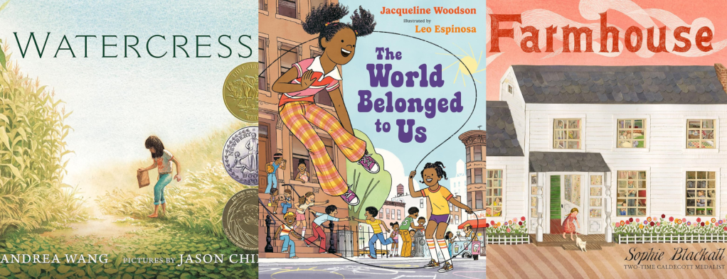 Book covers of Watercress, The World Belonged to Us, and Farmhouse