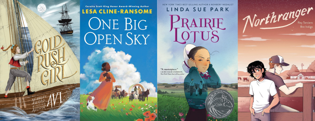 Book covers of Gold Rush Girl, One Big Open Sky, Prairie Lotus, and Northranger