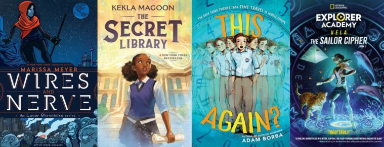 Book covers of Wires and Nerve, The Secret Library, This Again?, and The Sailor Cipher