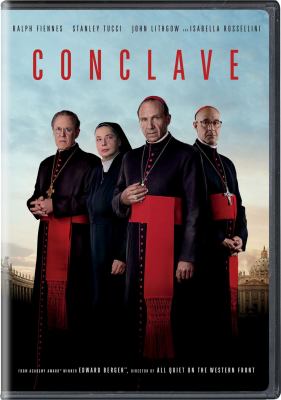 three cardinals and one nun stand in a group, looking outward, the title Conclave above them.