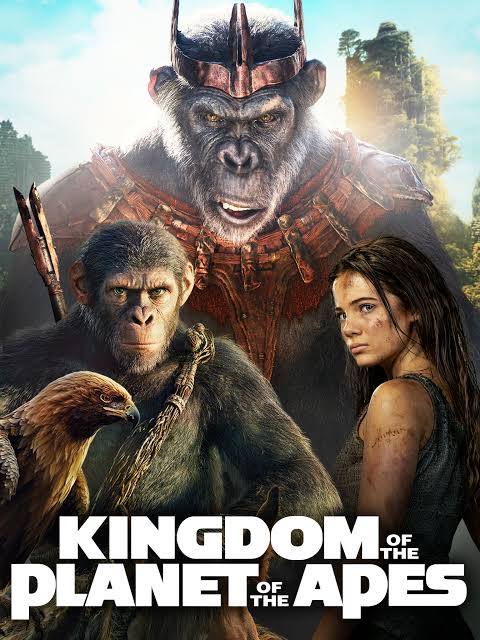 giant ape with crown standing behind a smaller, armed ape, a young woman, and a bird of prey, titled, Kingdom of the Planet of the Apes
