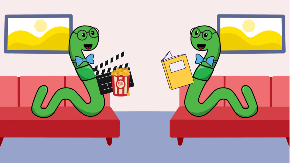 drawing of two bookworms facing each other, one holds a book, one a movie and popcorn