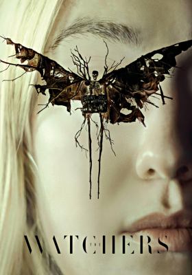 skeletal black moth in front of a blond woman's face. Title below is The Watchers.