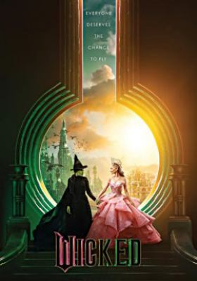 Witch dressed in black holds hands with a witch dressed in pink. Both stand in front of a giant keyhole showing a city beyond.