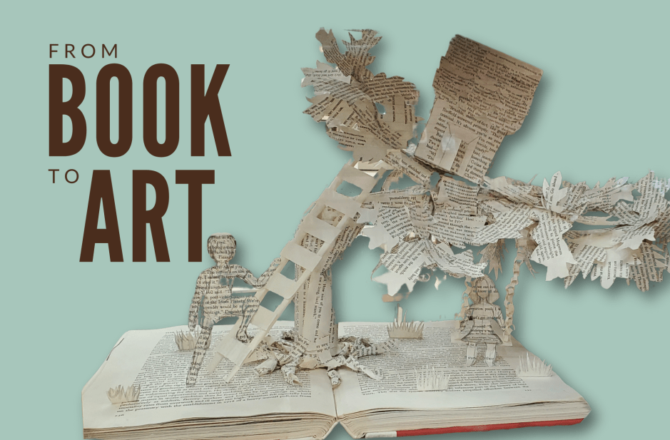 sculpture made from book pages: a boy climbing a ladder into a tree while girl swings below