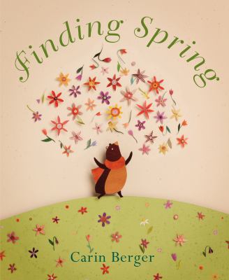 book cover with bear cub reaching up towards floating flowers, title Finding Spring