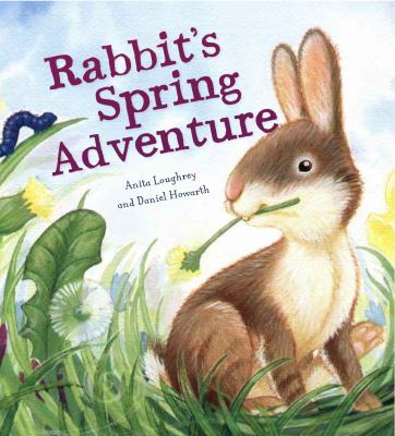 book cover with rabbit with flower in its mouth, standing in dandelions
