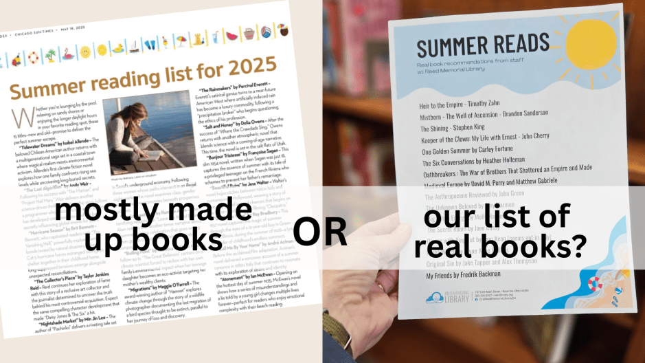 comparison of newspaper book list on left and a real list held by someone's hand at right