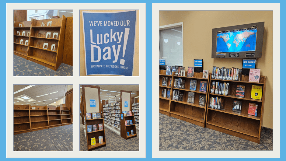 photo collage of empty wooden shelves and books on other wooden shelves