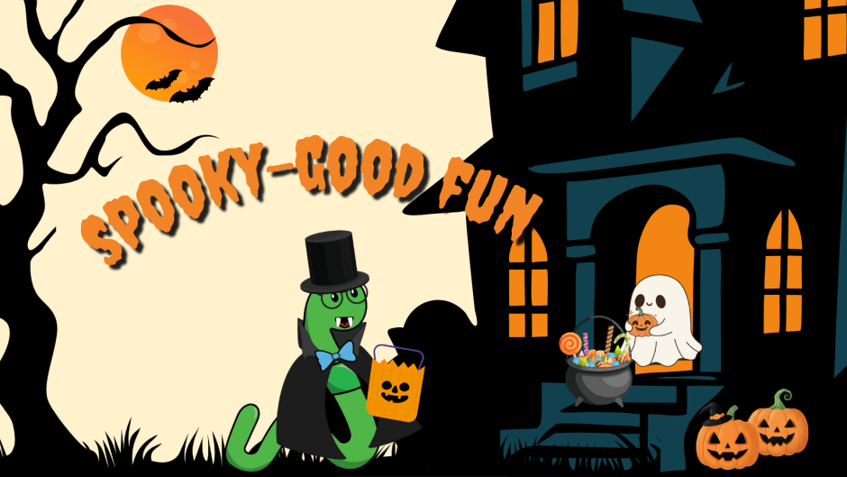 haunted house drawing with ghost handing out candy and Cornelius bookworm dressed as a vampire