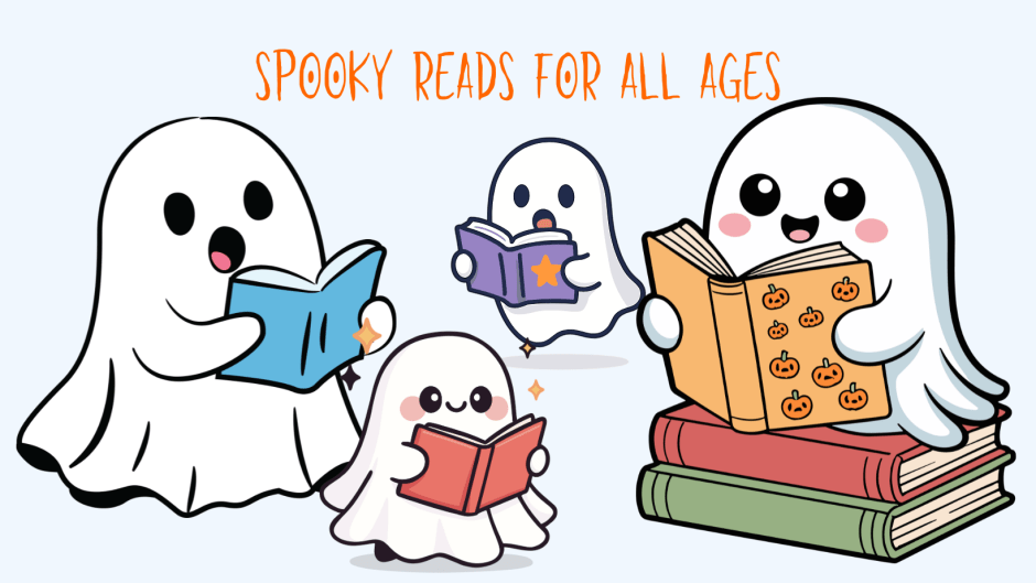 four ghosts of various ages, each reading a book