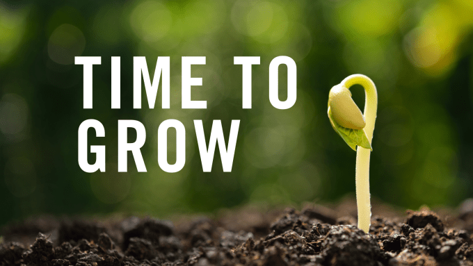 close up of small seedling growing up through the soil. Word overlay says, "Time to Grow"