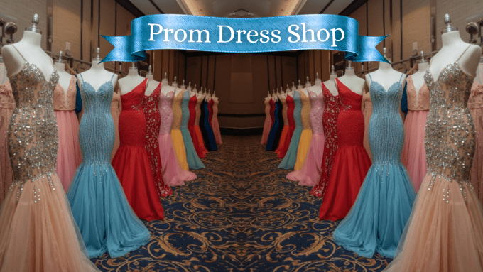 a line of colorful, floor-length formal dresses hanging in a fancy ballroom