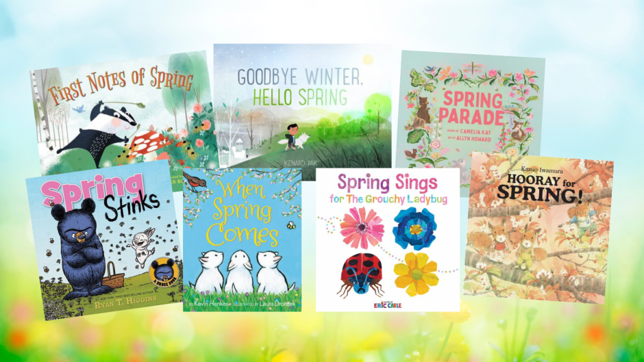 seven children's picture books splayed in front of a hazy, out of foucs spring background.